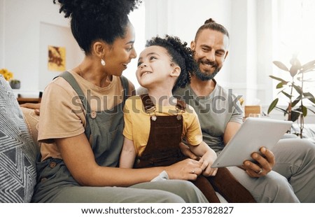 Home, family and parents with a tablet, boy and connection with games, cartoon and relax. People, mother or father with their son, child or kid on a sofa, technology or social media with conversation