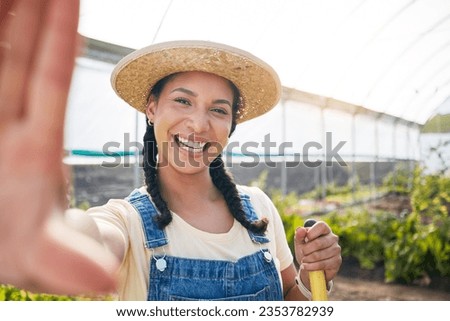 Selfie, happy and farmer woman in a greenhouse for agriculture or sustainability in the harvest season. Portrait, smile in nature and a young female farming in a natural garden for ecology and growth