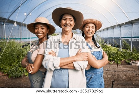 Farming, portrait of group of women in greenhouse and sustainable small business in agriculture. Happy farmer team at vegetable farm, agro career growth and diversity with eco friendly organic plants Royalty-Free Stock Photo #2353782961