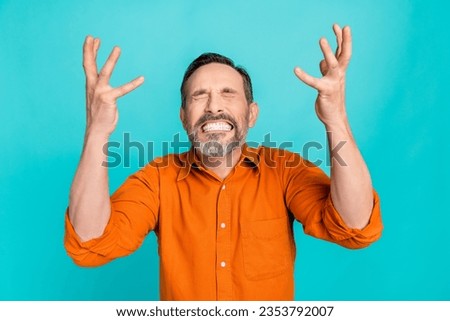 Photo of angry overworked stressed businessman raise hands up why always me grimace frustrated isolated on aquamarine color background Royalty-Free Stock Photo #2353792007