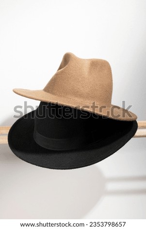 Fedora Hat. Fedora Hat background. Unisex Wide Brim Fedora Hats with Belt Buckle. Panama Trilby Hat. Headdress, Headgear, Head Wear. Fashionable Hats. stylish hats. Royalty-Free Stock Photo #2353798657