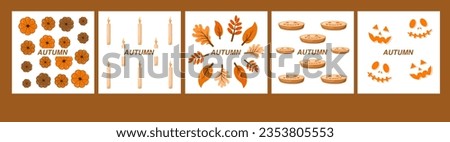 Autumn mood. Set of five colored trendy vector illustrations. Pumpkins, candels, pie and leaves. Flat design. Stamp texture. Greeting cards. Every illustration is isolated