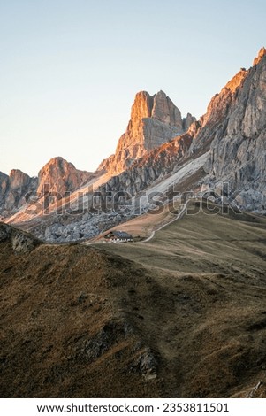 Sunset photo of mountain Nuvolau Averau, Passo Giau in Dolomites, Italy