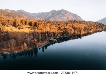 Aerial Photo of Lake Walchensee, behind Jochberg, Upper Bavaria, Germany Europe