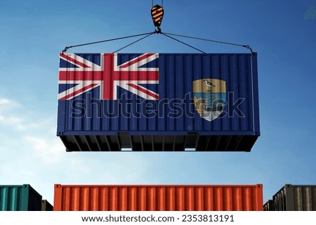 Freight containers with Saint Helena flag, clouds background