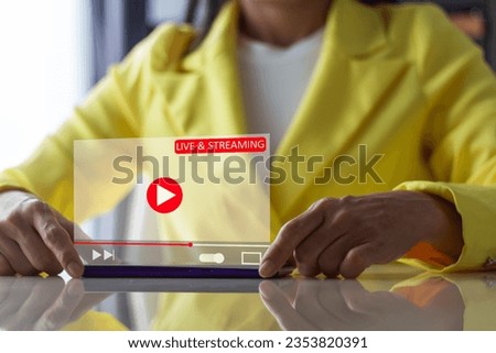 women in yellow dress live and stream video form smartphone connection broadcasting