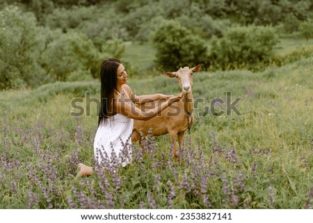 A young woman is caressing a goat. A girl and a goat are in a meadow in summer. Funny picture of a beautiful young girl farmer with a ginger goat. Pets. Happy woman with an animal.