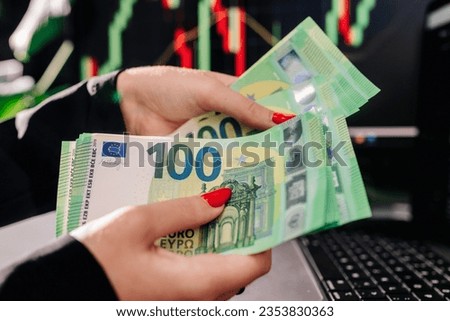 Close-up of woman hands counting euro money bills of European economy at the same time. Euro currency conversion. Calculation of cash. Businessman counting euro banknotes.