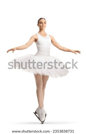 Professional ice skater in a white dress isolated on white background