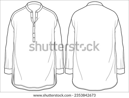 Men's long sleeves popover shirt flat sketch illustration front and back view, Mandarin collar Woven Tunic shirt for ethinic wear and casual wear fashion illustration template mock up Royalty-Free Stock Photo #2353842673
