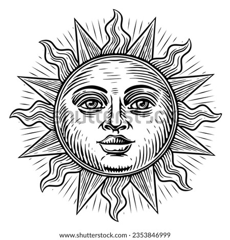 Glowing sun with a face. Hand drawn illustration in boho style for mystical design, tarot cards, tattoo and sticker