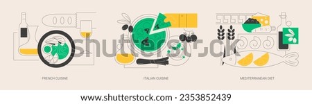 Classic european cuisine abstract concept vector illustration set. French and Italian cuisine, Mediterranean diet, fine dining restaurant, spaghetti recipe, healthy diet, gourmet abstract metaphor. Royalty-Free Stock Photo #2353852439