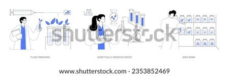 Seedling cultivation abstract concept vector illustration set. Plant breeding, genetically modified seeds in laboratory, seed bank, plants growing, agribusiness industry abstract metaphor. Royalty-Free Stock Photo #2353852469