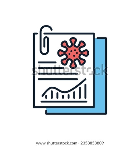 Analysis related vector icon. Study report on sheets of paper with the image of the virus and graphs. Isolated on white background. Editable eps. Vector illustration