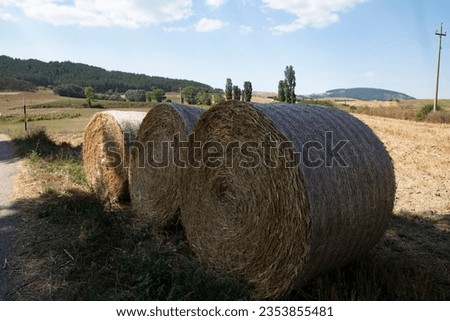 Large bales of straw in the foreground, rolling meadow in Umbria Italy.