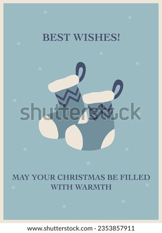 winter greeting card with a Christmas socks in blue tones with wishes