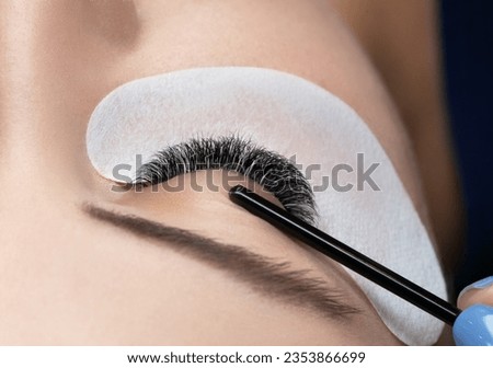 Macro shot of correct application of 2d, 3d, 4d, 5d volume cluster fans artificial lashes. Eyelash Extension Direction Guide. Tips and tricks for application beauty salon procedure of lash extension