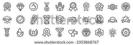 Set of 30 outline icons related to quality, badge, success. Linear icon collection. Editable stroke. Vector illustration Royalty-Free Stock Photo #2353868767