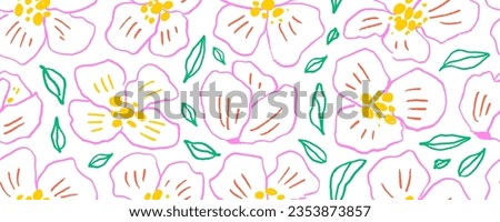 Pink colored seamless banner design with peonies or roses. Vintage floral seamless pattern with contour drawing. Line art pink flowers drawn with pen or pencil. Abstract vector romantic background.
