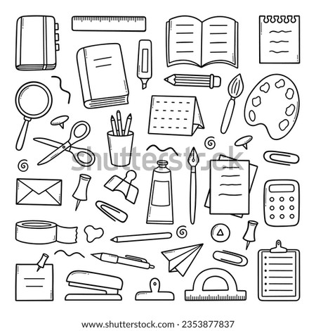 School stationery and office supplies doodle set. Pencil, pen, calculator, scissors, notebook in sketch style. Hand drawn vector illustration isolated on white background