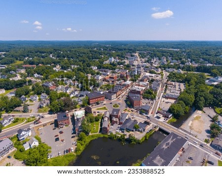 Hudson historic commercial buildings aerial view on Main Street in town center of Hudson, Massachusetts MA, USA.  Royalty-Free Stock Photo #2353888525