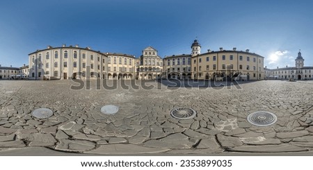seamless spherical hdri 360 panorama overlooking restoration of the historic castle or palace with columns and gate  in equirectangular projection Royalty-Free Stock Photo #2353899035