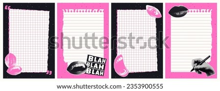 A set of templates for social media posts or stories. Trending posters with halftone collages. Ripped notebook sheets in plaid and line. Can be used for notes or as planner sheets. Vector. Royalty-Free Stock Photo #2353900555