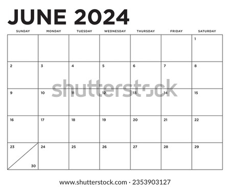 June 2024 Calendar. Week starts on Sunday. Blank Calendar Template. Fits Letter Size Page. Stationery Design.
