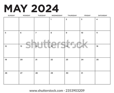 May 2024 Calendar. Week starts on Sunday. Blank Calendar Template. Fits Letter Size Page. Stationery Design.