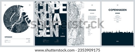 Set of travel posters with Copenhagen, detailed urban street plan city map, Silhouette city skyline, vector artwork Royalty-Free Stock Photo #2353909175