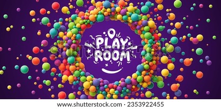 Circle frame banner with colorful balls in different sizes for play room or celebration. Abstract composition with multicolored flying spheres with empty place for your text. Vector illustration