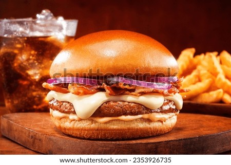 tasty cheese salad burger with brioche bun bacon in old table wooden Royalty-Free Stock Photo #2353926735