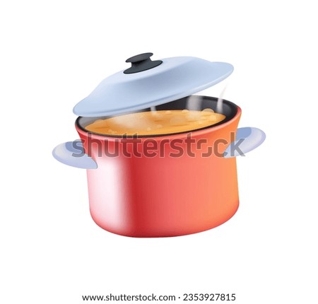 3D Cooking pan icon. Cooking pot, Boiled water in pots, pasta in saucepan and scrambled eggs in dripping pan, vector illustration for kitchen cook. 3D cooking vector illustration Royalty-Free Stock Photo #2353927815