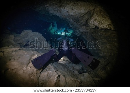 technical diving in a cenote in mexico. Royalty-Free Stock Photo #2353934139