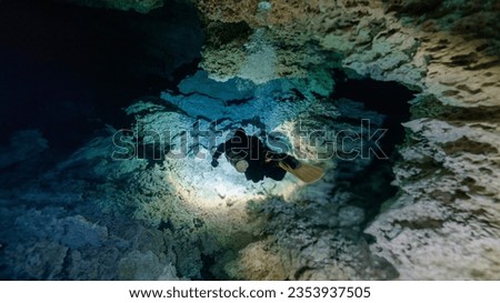 technical diving in a cenote in mexico. Royalty-Free Stock Photo #2353937505