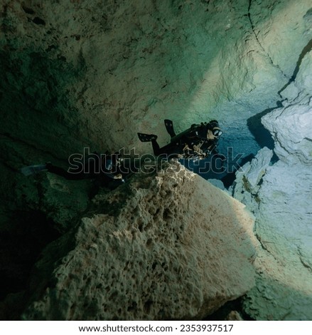 technical diving in a cenote in mexico. Royalty-Free Stock Photo #2353937517