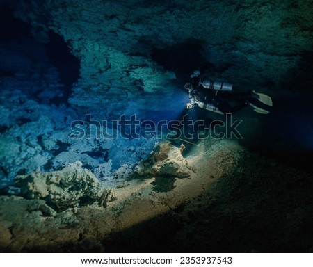 technical diving in a cenote in mexico. Royalty-Free Stock Photo #2353937543