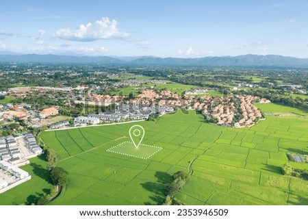 Land plot in aerial view. Gps registration survey of property, real estate for map with location, area. Concept for residential construction and development. Also home, house for sale, buy, purchase,