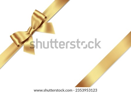 Gold Bow and Ribbon Realistic shiny satin with shadow place on left corner for decorate your wedding invitation card ,greeting card or gift boxes vector EPS10 isolated on white background.