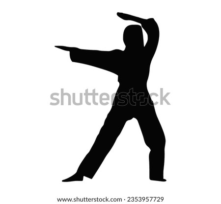Silhouette over white with clipping path. Full body of woman in martial arts stance.