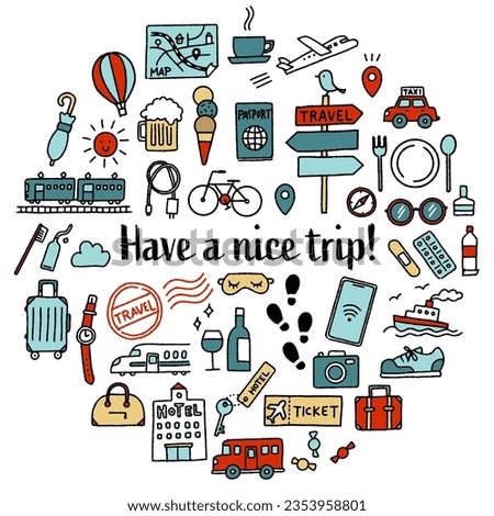 Simple and cute hand drawn travel illustration set (colorful)