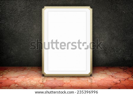 Empty room with blank marble photo frame at black stone wall and vintage pattern brick floor,Template Mock up for display of your content