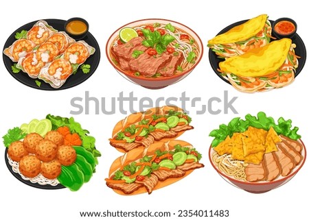 Vietnamese food illustration vector. Spring rolls (Gỏi Cuốn). Pho vietnamese noodle. Vietnamese shrimp pancakes (Bánh Xèo). Vietnam meatball (Bún Chả). Vietnam pork noodles rice crackers (Cao lầu).