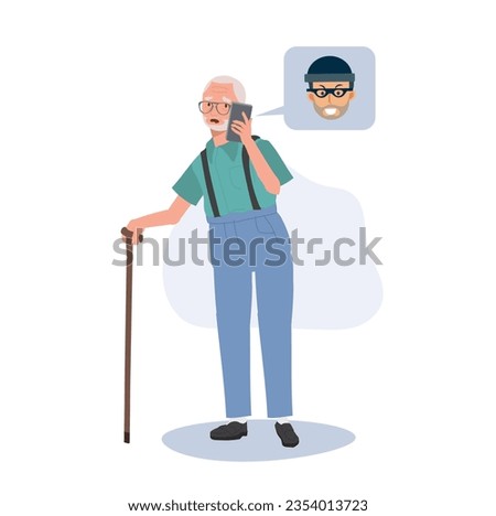 Deceptive Scammer tryo to Tricks Elderly man. Online Scammer's Trickery. Flat vector cartoon illustration Royalty-Free Stock Photo #2354013723
