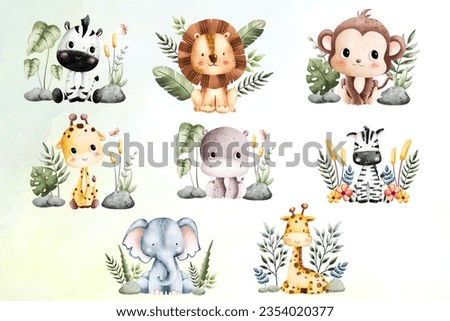 Watercolor safari baby animals collection, jungle animals, zoo