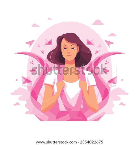 Breast cancer awareness month for disease prevention concept and romantic woman with pink support ribbon symbol