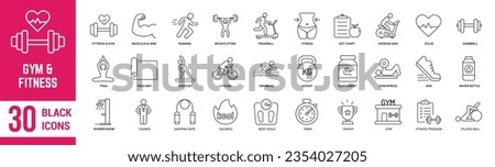 Gym and Fitness thin line icons set. Fitness, gym, diet, exercise, dumbbell, running, weight loss and calorie. Vector illustration