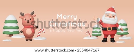3d render Santa Claus wave hand, cute deer, snowy trees and candy cane in snowdrift. Christmas banner, character in plastic style. New Year cartoon greeting card. Traditional vector illustration. Royalty-Free Stock Photo #2354047167