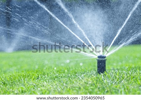 Irrigation system in home garden. Automatic watering lush green lawn. Selective focus. Royalty-Free Stock Photo #2354050965