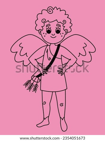 Standing cupid front view. Cute character in outline style.